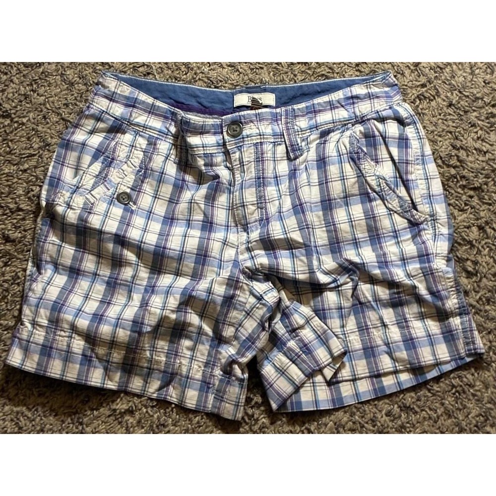 GH Bass & Co Women Blue Purple Plaid Cotton Chino Shorts Size 2 Preppy Casual